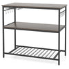 Kitchen island showcasing a spacious gray worktop, metal frame, and 10 hooks for convenient access to kitchen tools.