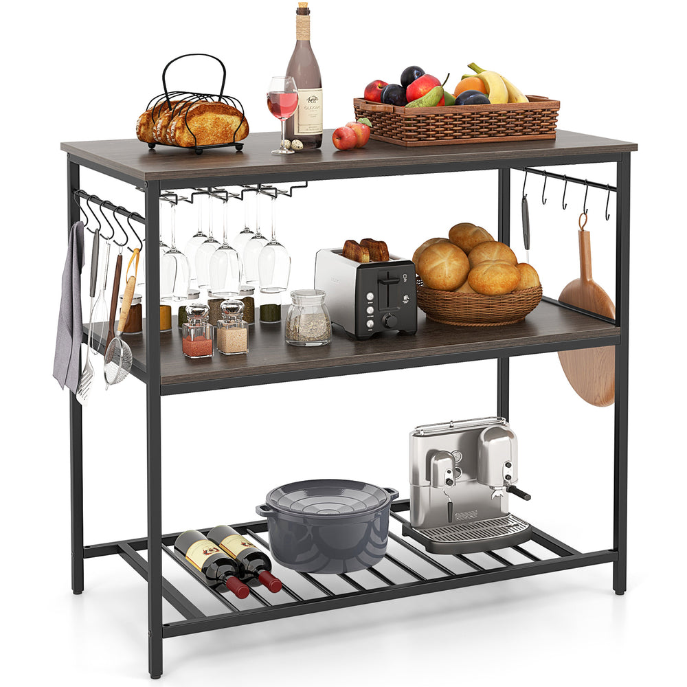 Kitchen island in gray featuring a sturdy metal frame, spacious top, and S-shaped hooks for hanging kitchen tools.