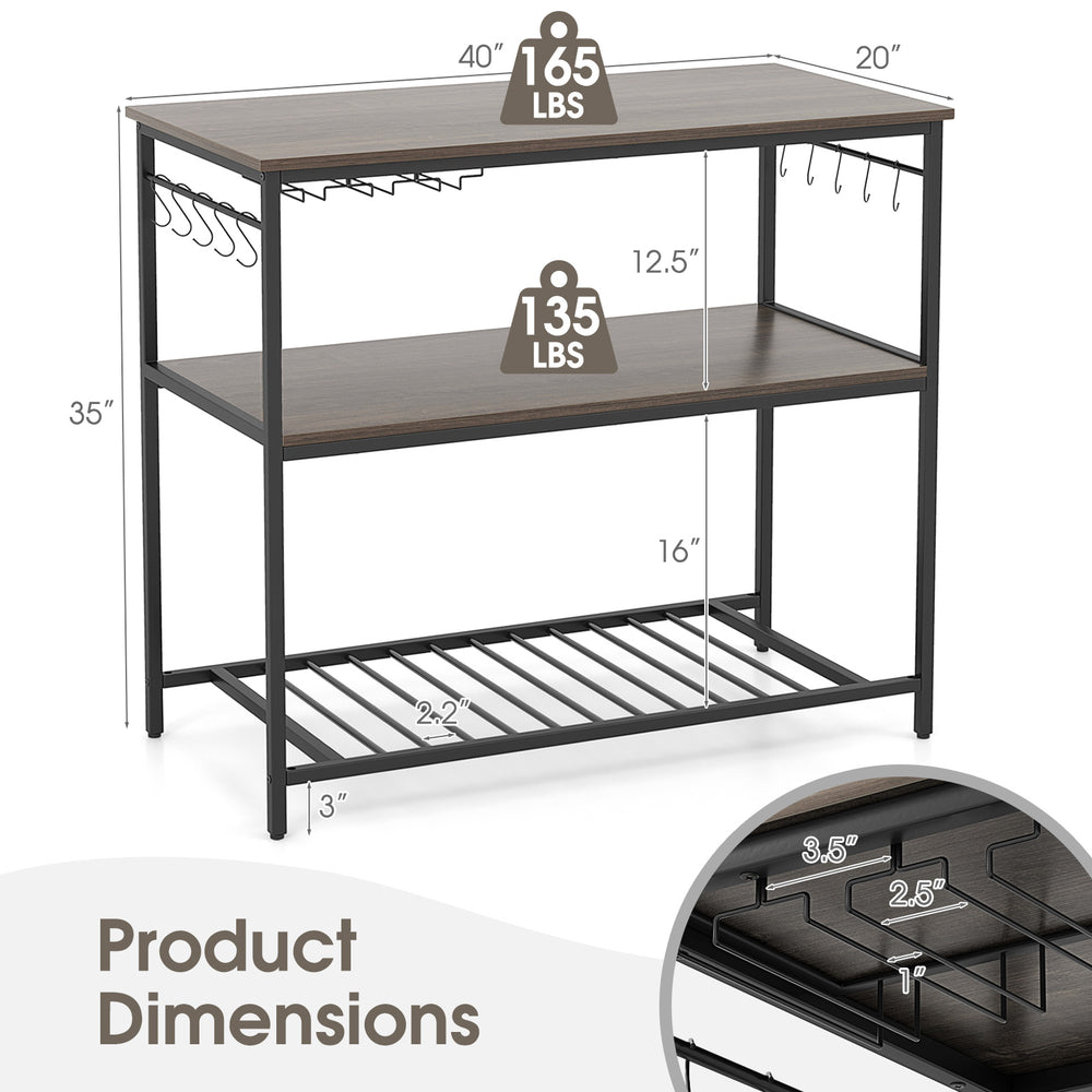 Kitchen island with gray finish, featuring 3 shelves, wine glass holders, and 10 hooks for kitchen organization.