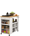 Kitchen island trolley cart on wheels with a rubber wood countertop, open shelves, and adjustable spice rack for.