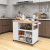Kitchen island trolley cart on wheels with a rubber wood countertop, open shelves, and adjustable storage for kitchen.