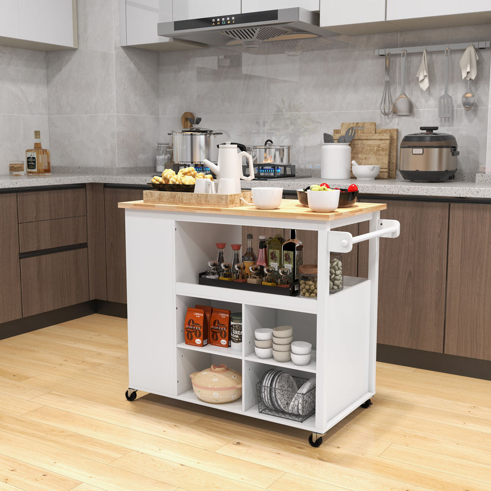 Kitchen island trolley cart on wheels with a rubber wood countertop, open shelves, and adjustable storage for kitchen.