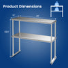 Stainless steel overshelf measuring 36 x 12 inches with adjustable lower shelf, designed for kitchen durability.