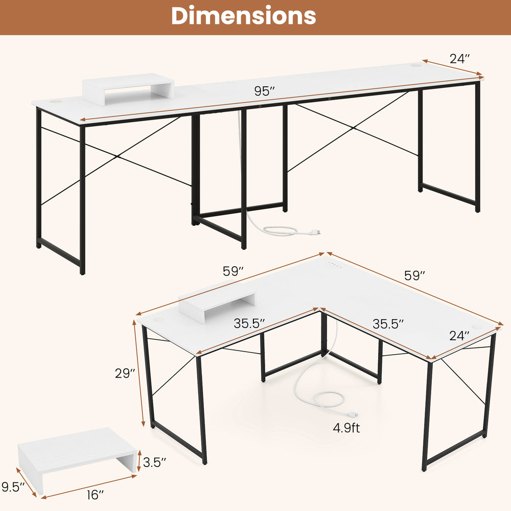 L-shaped computer desk with power outlets, featuring a monitor shelf and robust metal frame for versatile workspace.