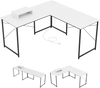 L-shaped computer desk in white with power outlets, monitor shelf, and robust metal frame for versatile workspace.