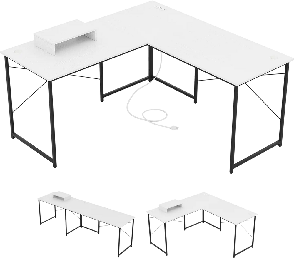 L-shaped computer desk in white with power outlets, monitor shelf, and robust metal frame for versatile workspace.