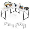 L-shaped computer desk in white with power outlets, monitor shelf, and ample workspace for gaming or writing.