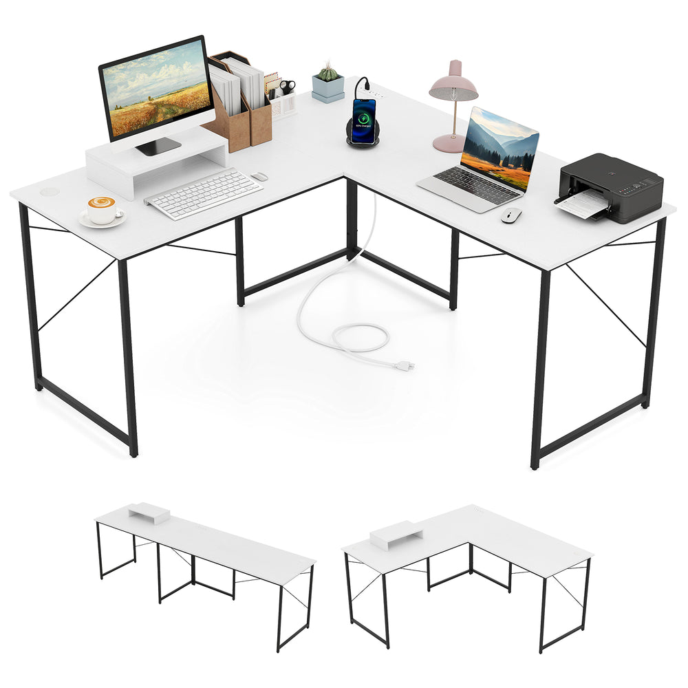 L-shaped computer desk in white with power outlets, monitor shelf, and ample workspace for gaming or writing.