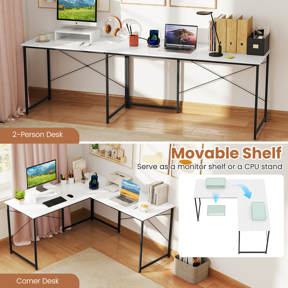 L-shaped computer desk in white with movable shelf, power outlets, and ample workspace for gaming and writing.