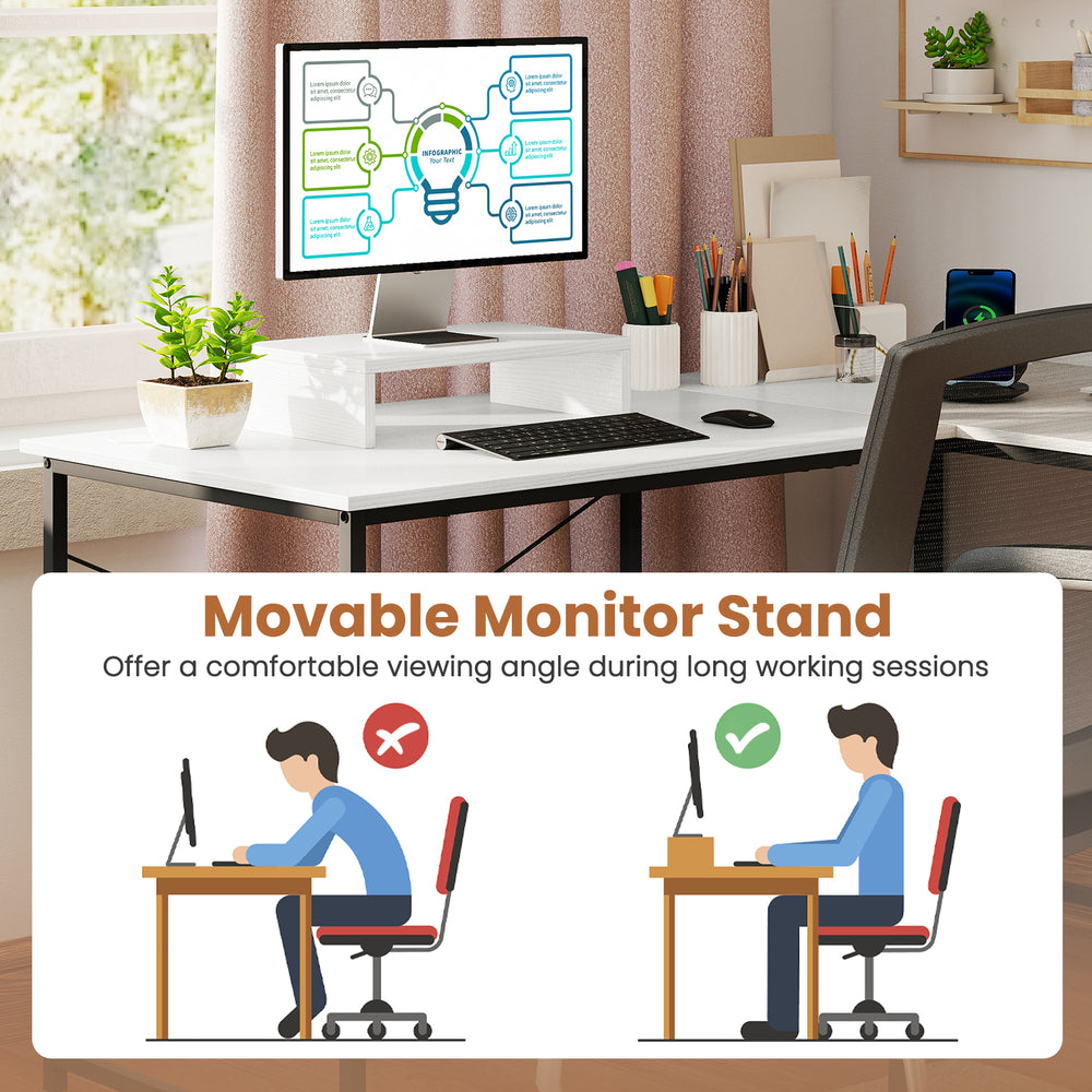 L-shaped computer desk in white with monitor shelf, power outlets, and ample workspace for gaming and writing.