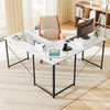 L-shaped computer desk in white showcasing a movable monitor shelf and built-in power strip for convenient device.