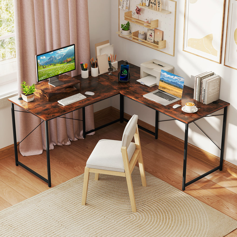 95 Inch 2-Person L-Shaped Long Reversible Computer Desk with Monitor Stand-Rustic Brown - Gallery View 1 of 10