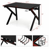 K-shaped gaming desk with a spacious MDF surface, cup holder, and headphone hook for enhanced gaming convenience.