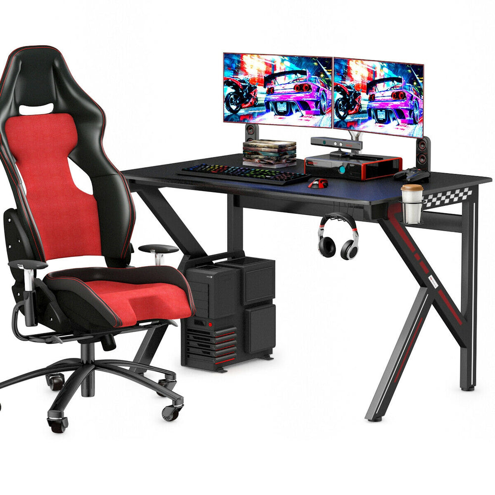 K-shaped gaming desk featuring a sturdy design, under-table cup holder, and rear power strip holder for efficient.