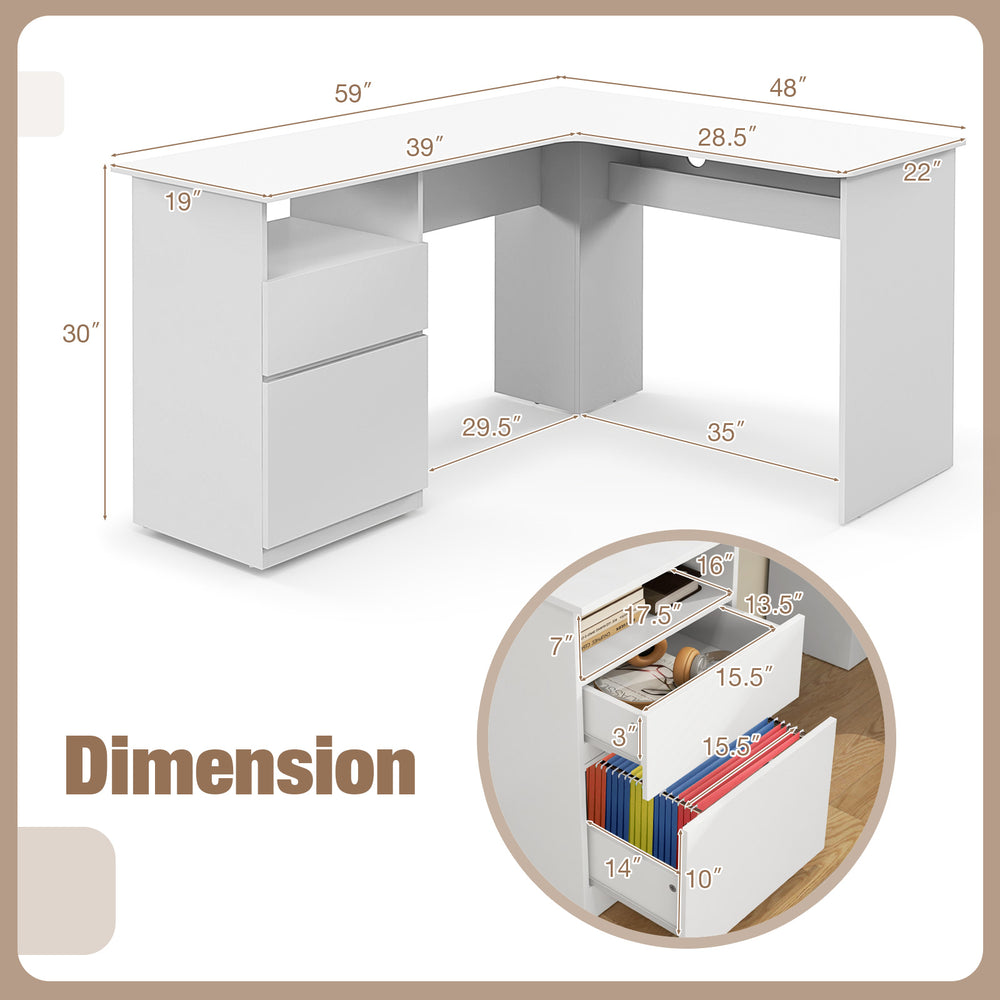 L-shaped computer desk in white with dimensions, featuring a letter file drawer and spacious desktop for efficient.