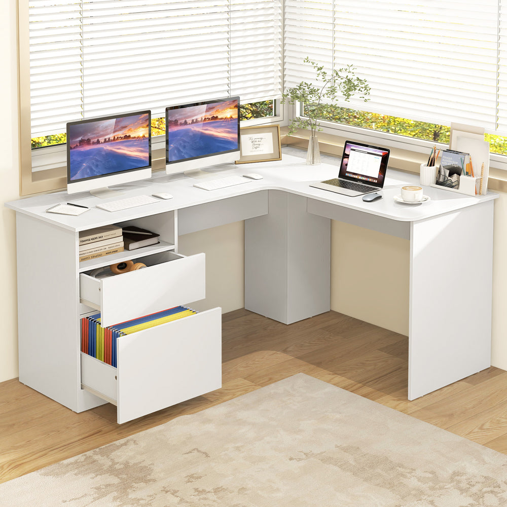 L-shaped white computer desk featuring spacious desktop, letter file drawer, and efficient cable management for.