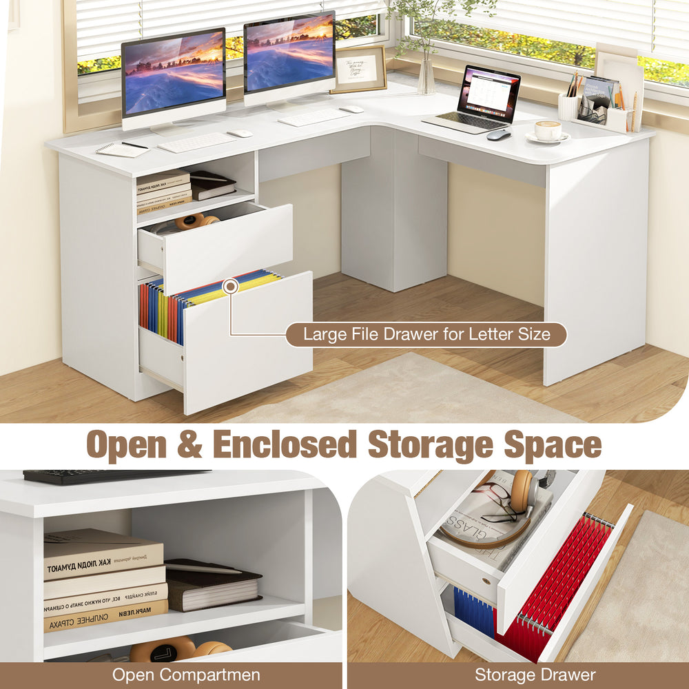 L-shaped white computer desk featuring a letter file drawer, open compartment, and spacious desktop for efficient.