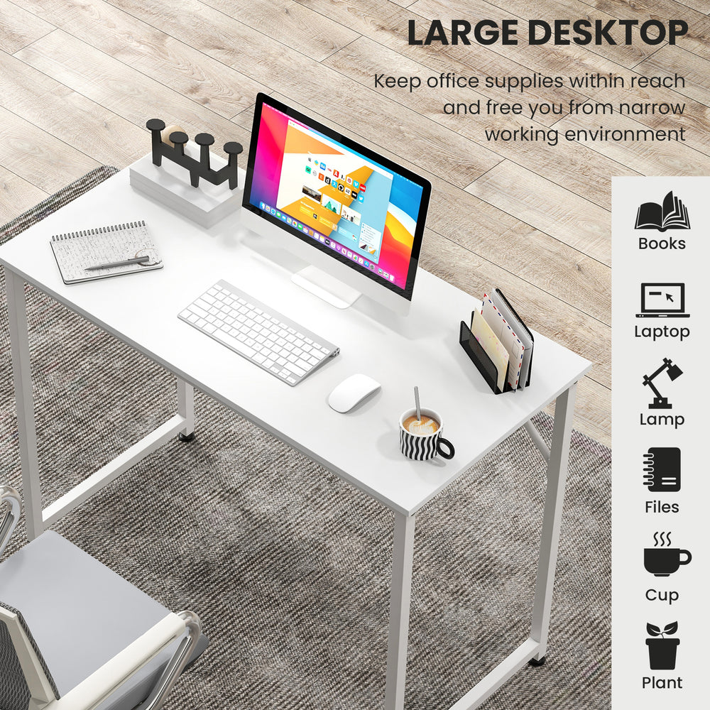 L-shaped white computer desk with large desktop, spacious legroom, and sturdy MDF board for home or office use.