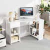 L-shaped white computer desk with storage shelves and drawer, ideal for workspace or gaming setup.