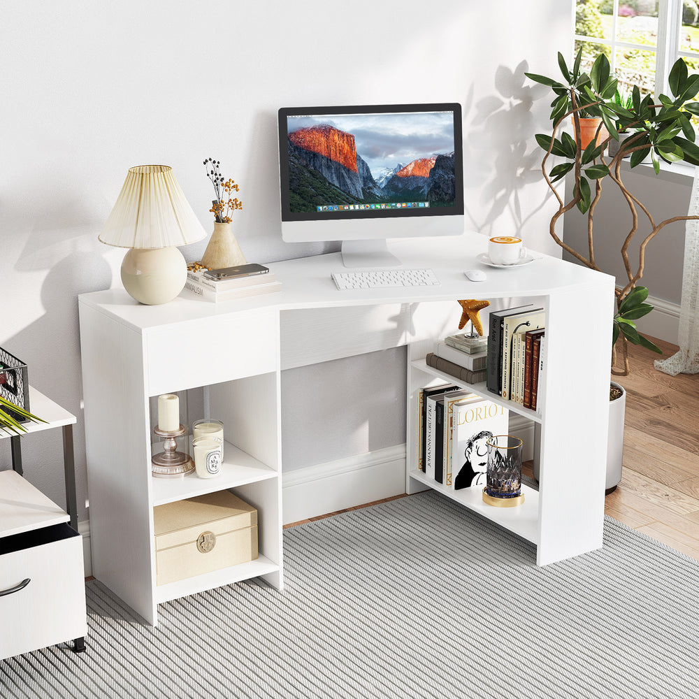 L-shaped white computer desk with storage shelves and drawer, ideal for workspace or gaming setup.
