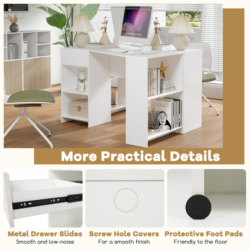 L-shaped white computer desk with drawer and shelves, featuring metal drawer slides and protective foot pads for floor.