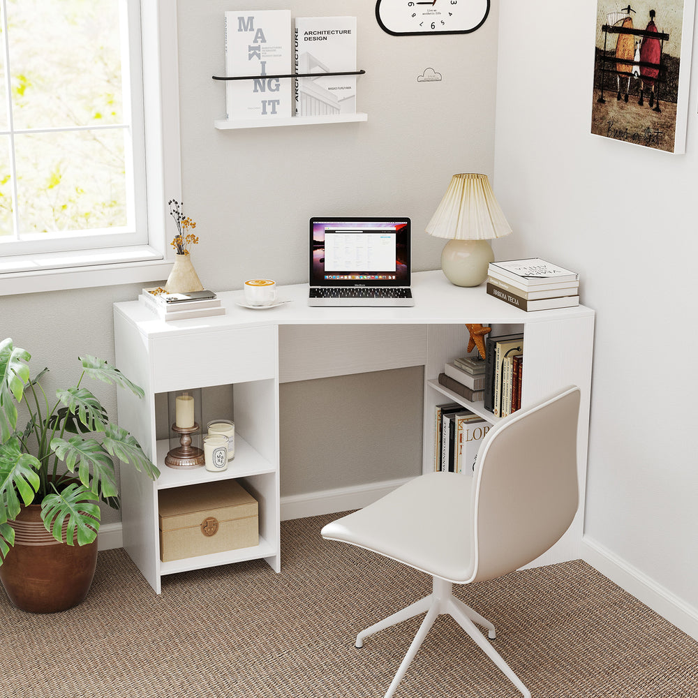 L-shaped white corner desk with drawer and shelves, ideal for workspace organization and saving space.