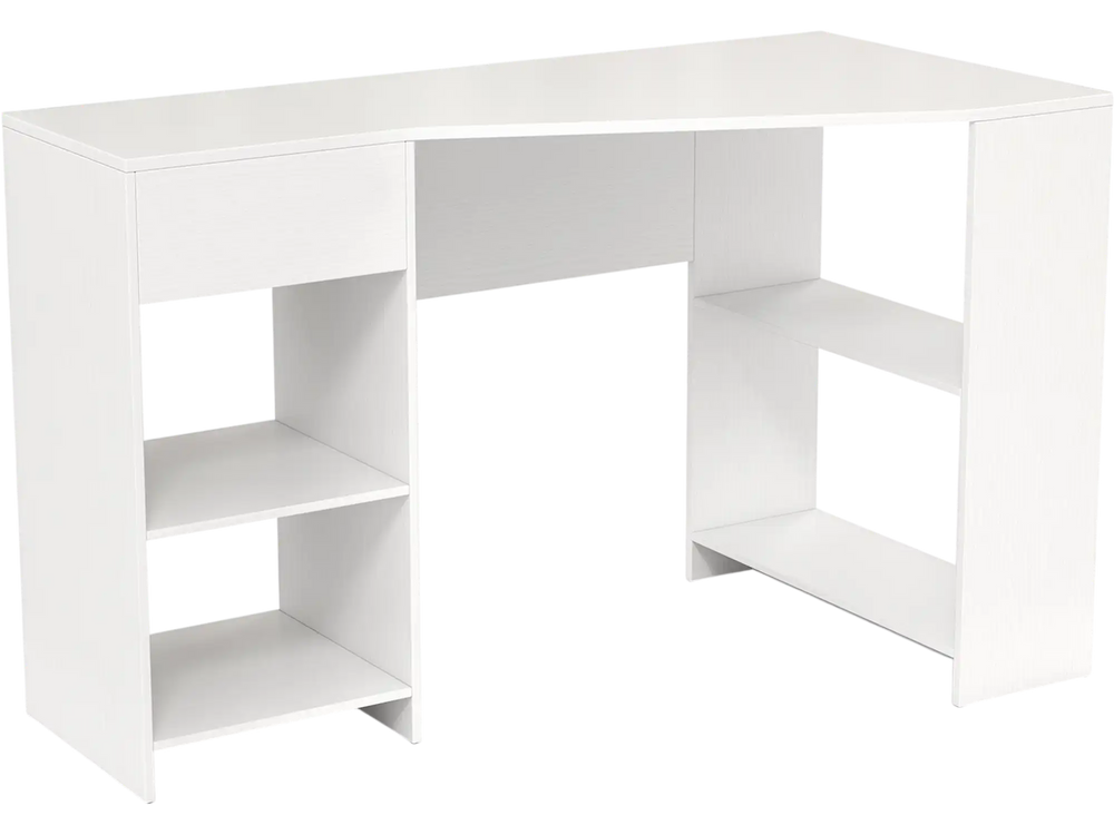 L-shaped white computer desk with drawer and shelves, ideal for workspace organization and saving space.