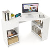 Top view of a white L-shaped corner desk with a spacious drawer and shelves, perfect for a stylish workspace setup.