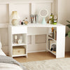 L-shaped white corner desk with storage shelves and drawer, ideal for work, study, or as a vanity table.