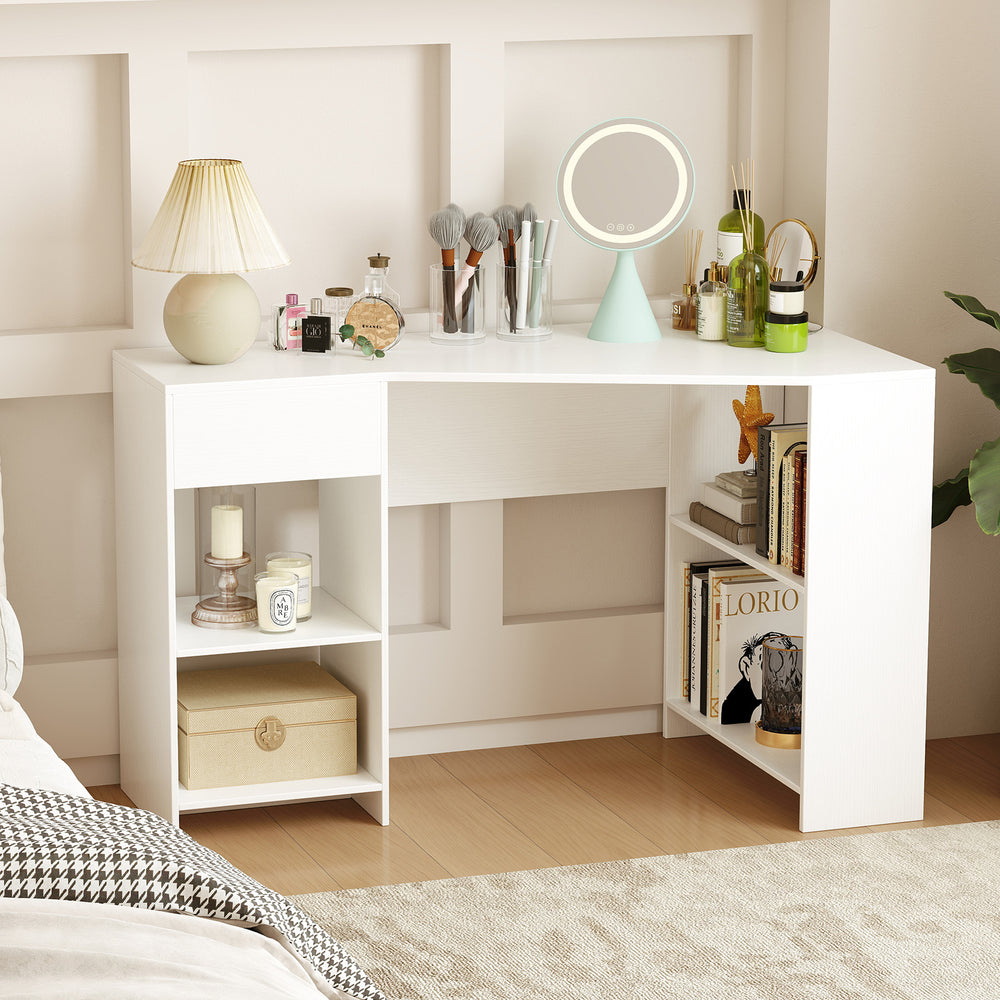 L-shaped white corner desk with storage shelves and drawer, ideal for work, study, or as a vanity table.