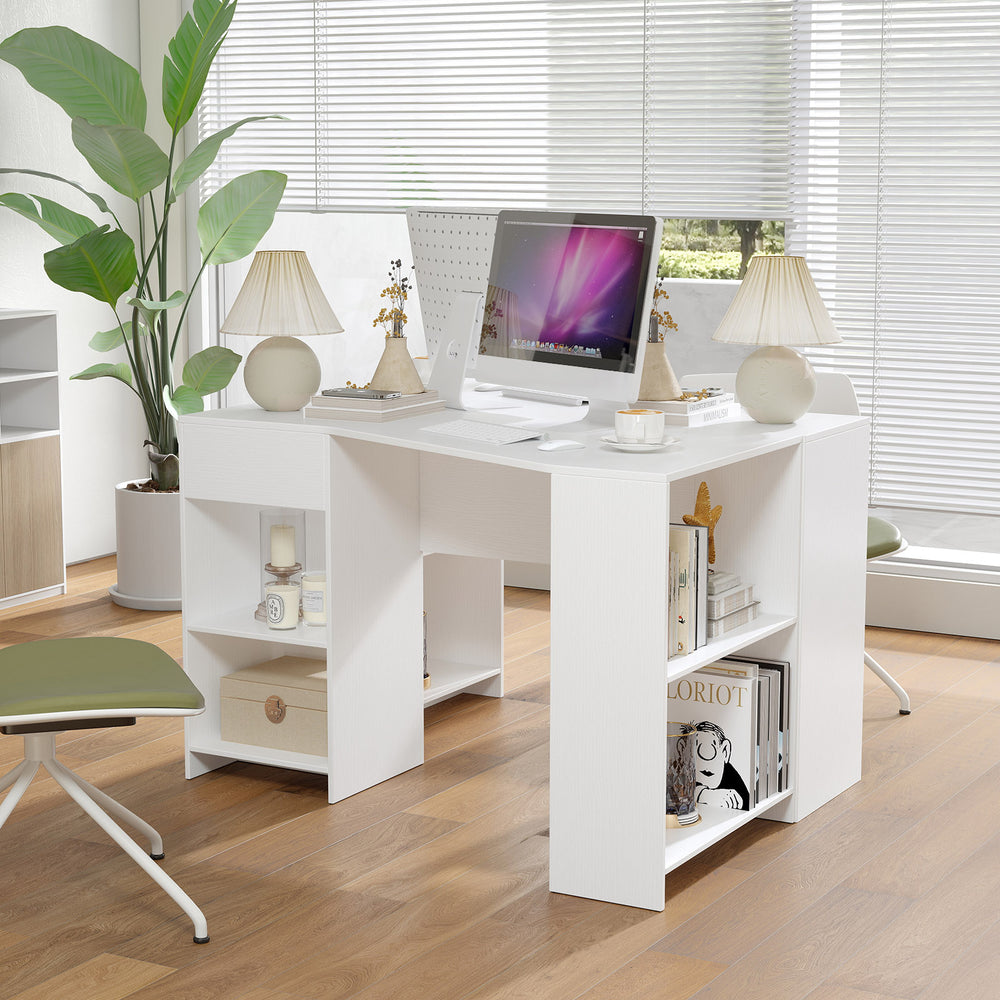 L-shaped white computer desk with drawer and shelves, perfect for workspace organization and efficient use of space.