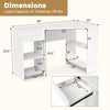 L-shaped white computer desk with dimensions, featuring a drawer and shelves for storage, ideal for workspace.