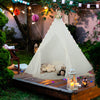 Lace teepee tent with colorful LED lights, perfect for kids' play and relaxation in a charming outdoor setting.