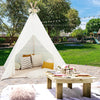 Lace teepee tent with colorful LED lights, perfect for kids' playtime or parties, set in a backyard setting.