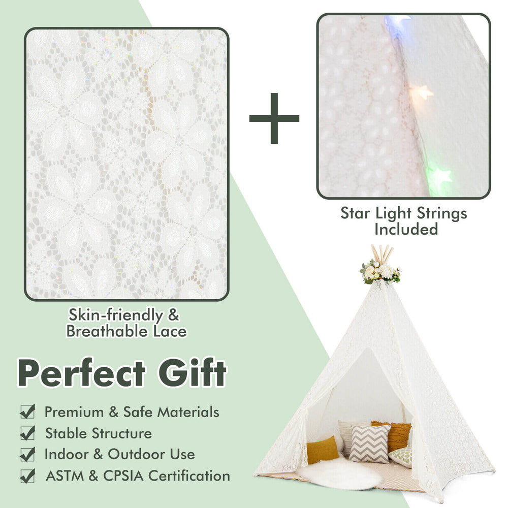 Lace teepee tent with colorful LED star lights, perfect for kids' play and relaxation, accommodates 3-5 children.