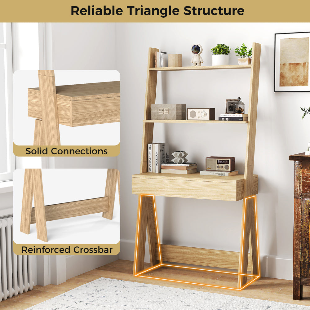 Ladder shelf desk bookcase in natural finish with 2 shelves, countertop, and large drawer for versatile storage.