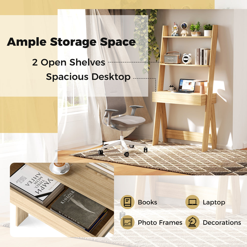 Ladder shelf desk bookcase with countertop and drawer, featuring 2 open shelves for ample storage in natural finish.