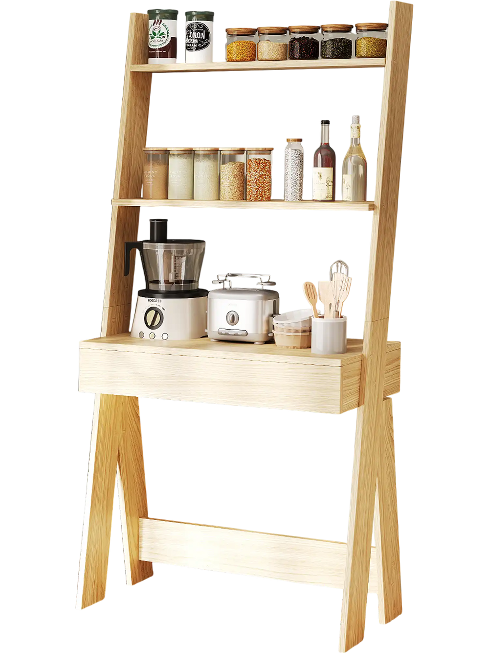 Ladder shelf desk bookcase in natural wood with countertop, drawer, and 2 shelves for versatile storage in any room.