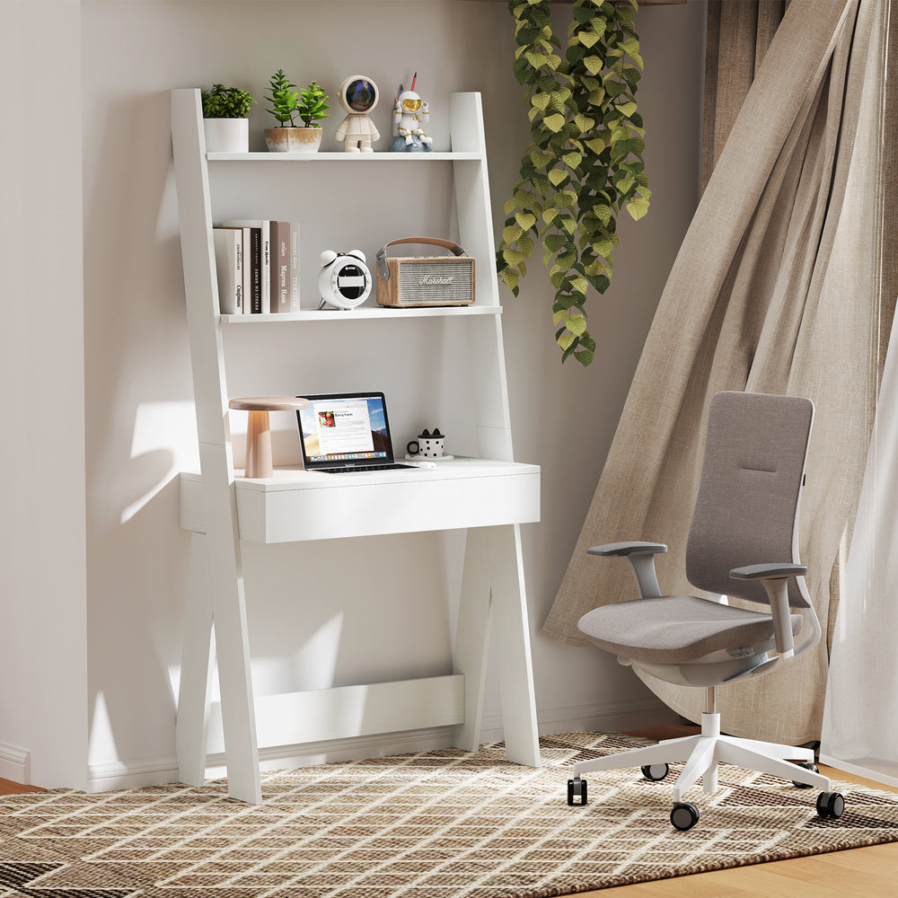 Ladder Shelf Desk with Countertop Drawer and Anti-Toppling Device-Oak - Gallery View 1 of 10