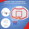 Large wall-mounted basketball hoop with shatter-proof backboard, includes screws and instructions for easy installation.