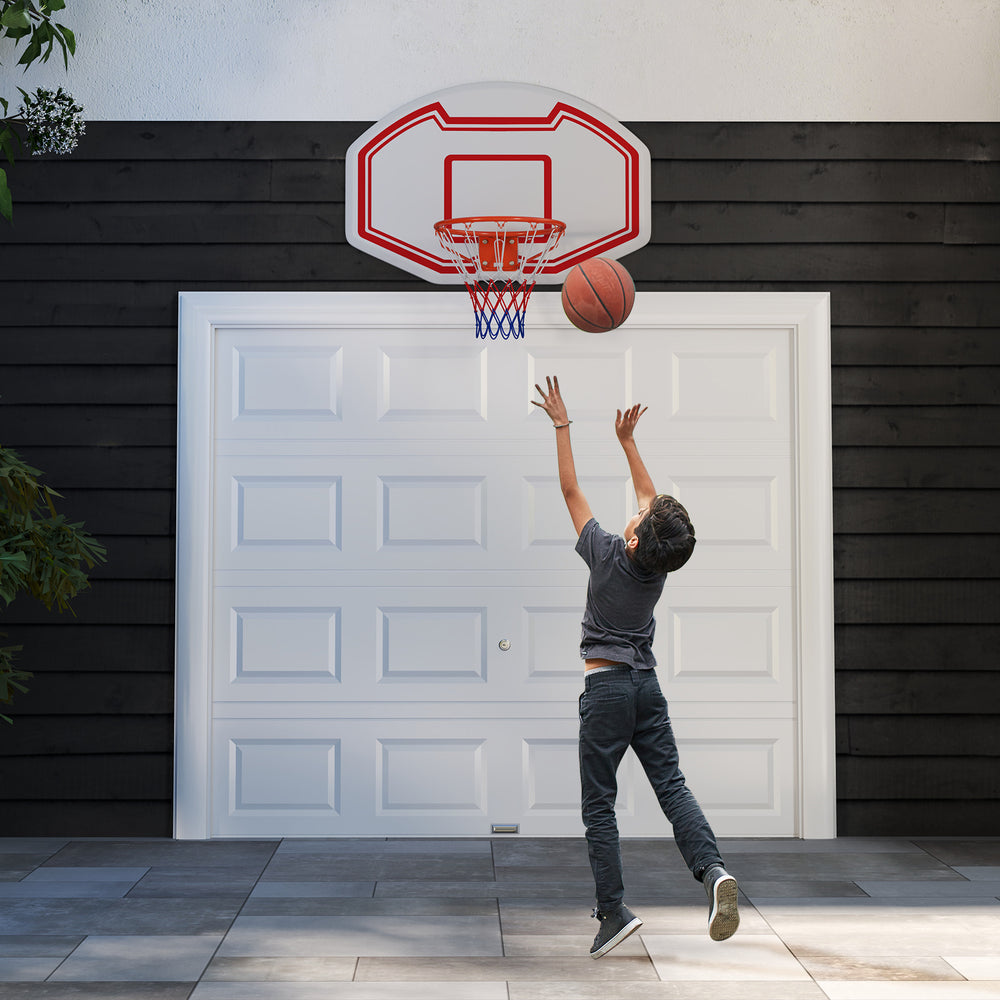 Large wall-mounted basketball hoop with shatter-proof backboard, ideal for improving skills and coordination.
