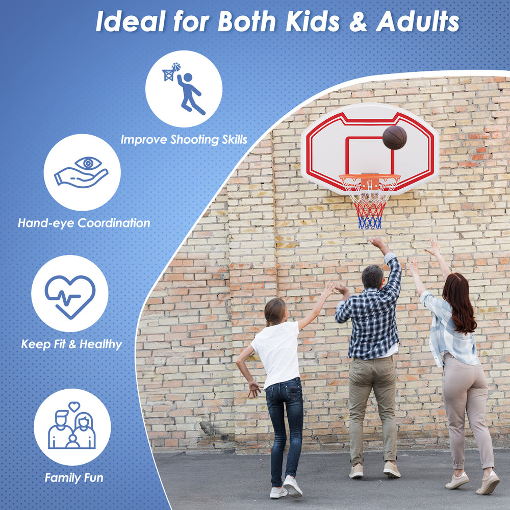 Large wall-mounted basketball hoop with shatter-proof backboard, perfect for improving skills and family fun.