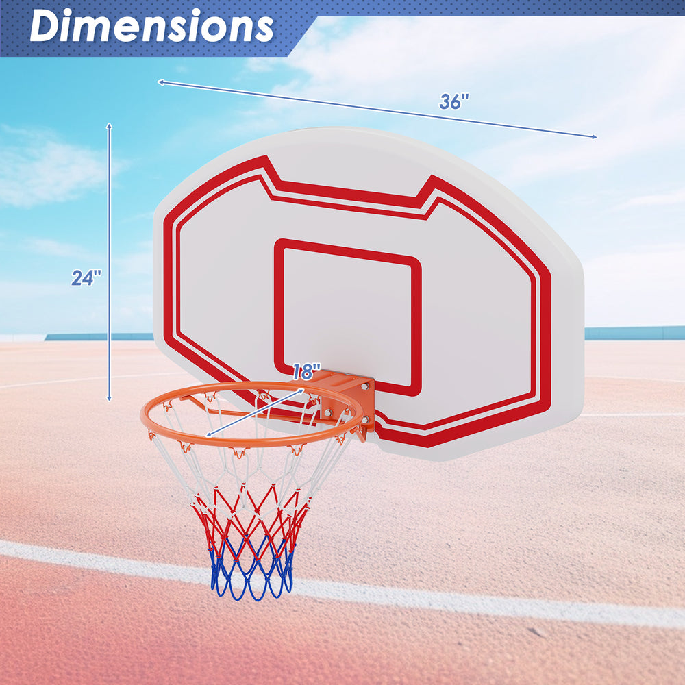 Large wall-mounted basketball hoop with shatter-proof backboard, measuring 36"x24", featuring an 18" sturdy rim.