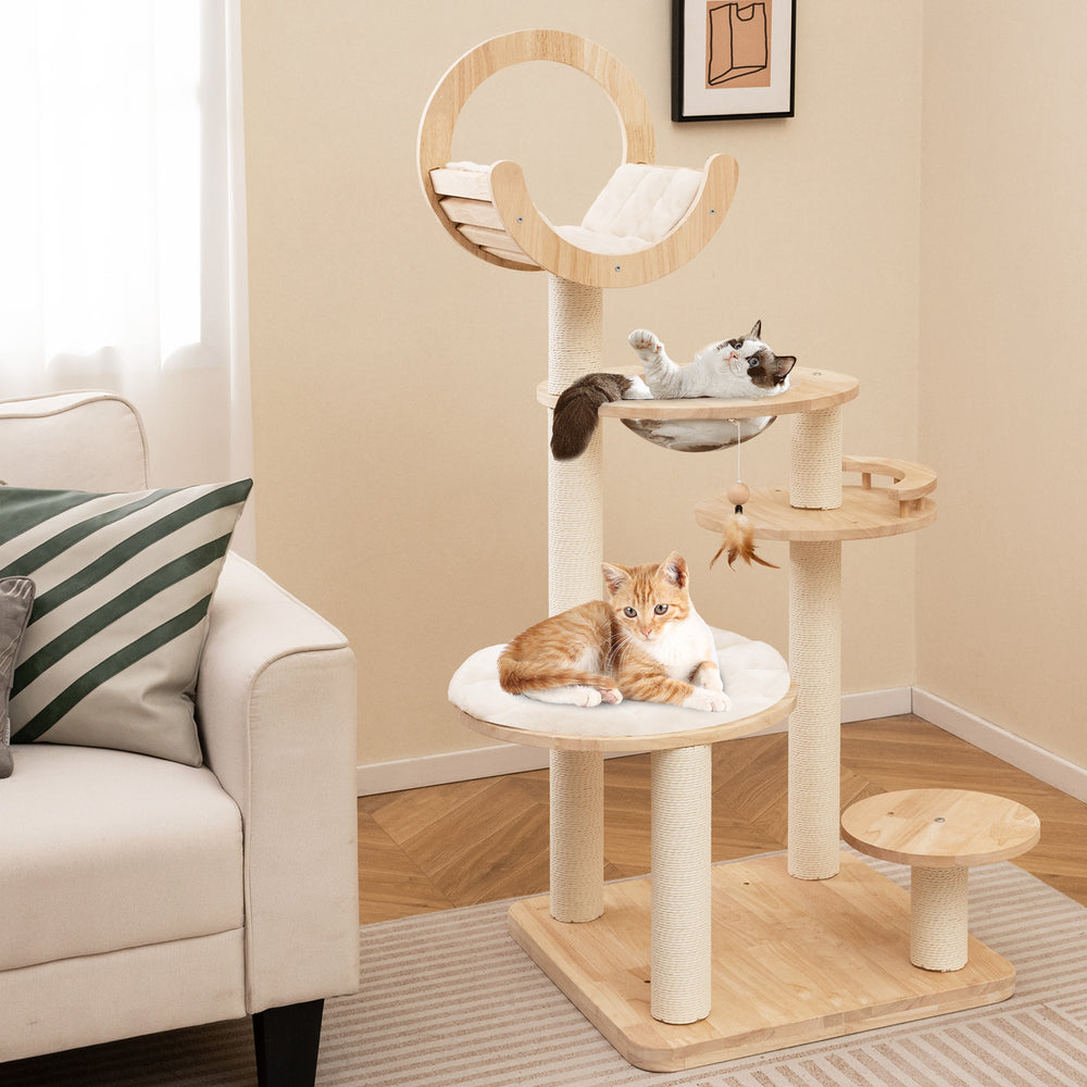 Multi-level wooden cat tower with space capsule nest, featuring sisal scratching posts and cozy platforms for indoor.