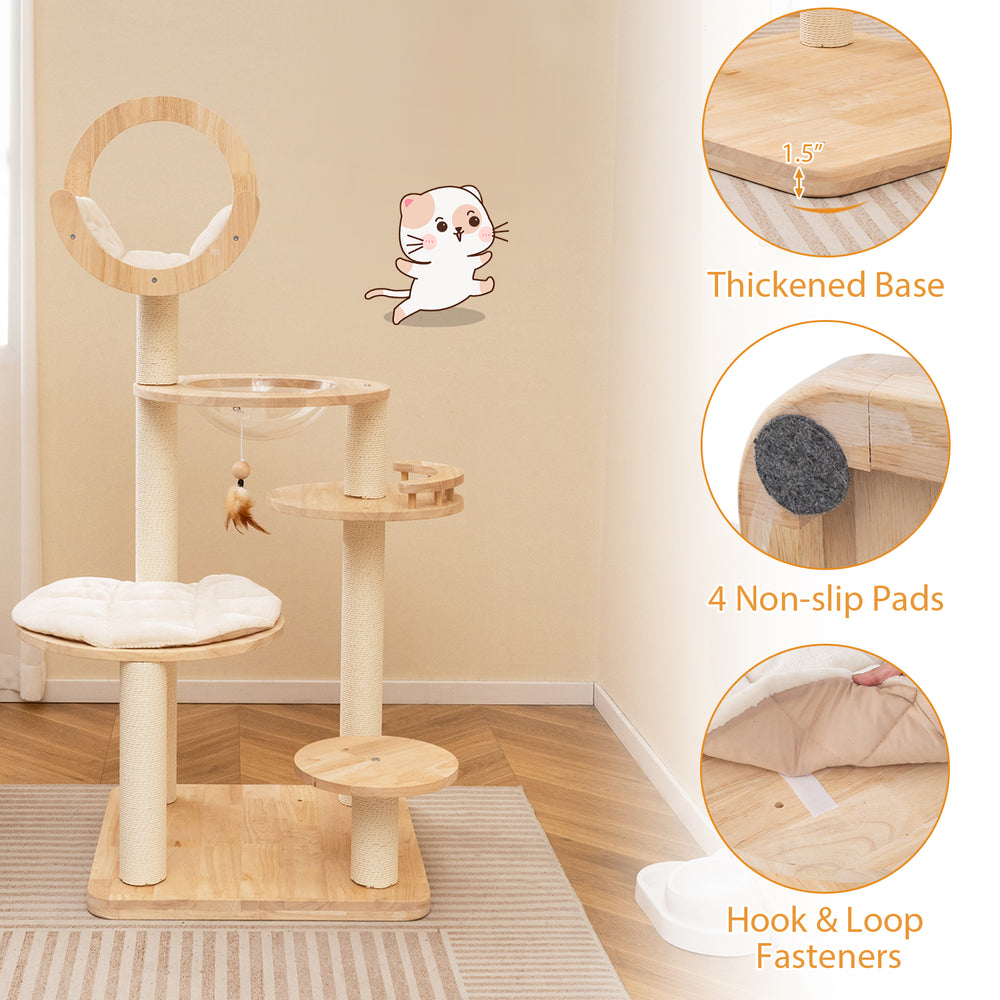 Large wooden cat tower with space capsule nest, featuring multi-level design, sisal scratching posts, and removable mat.