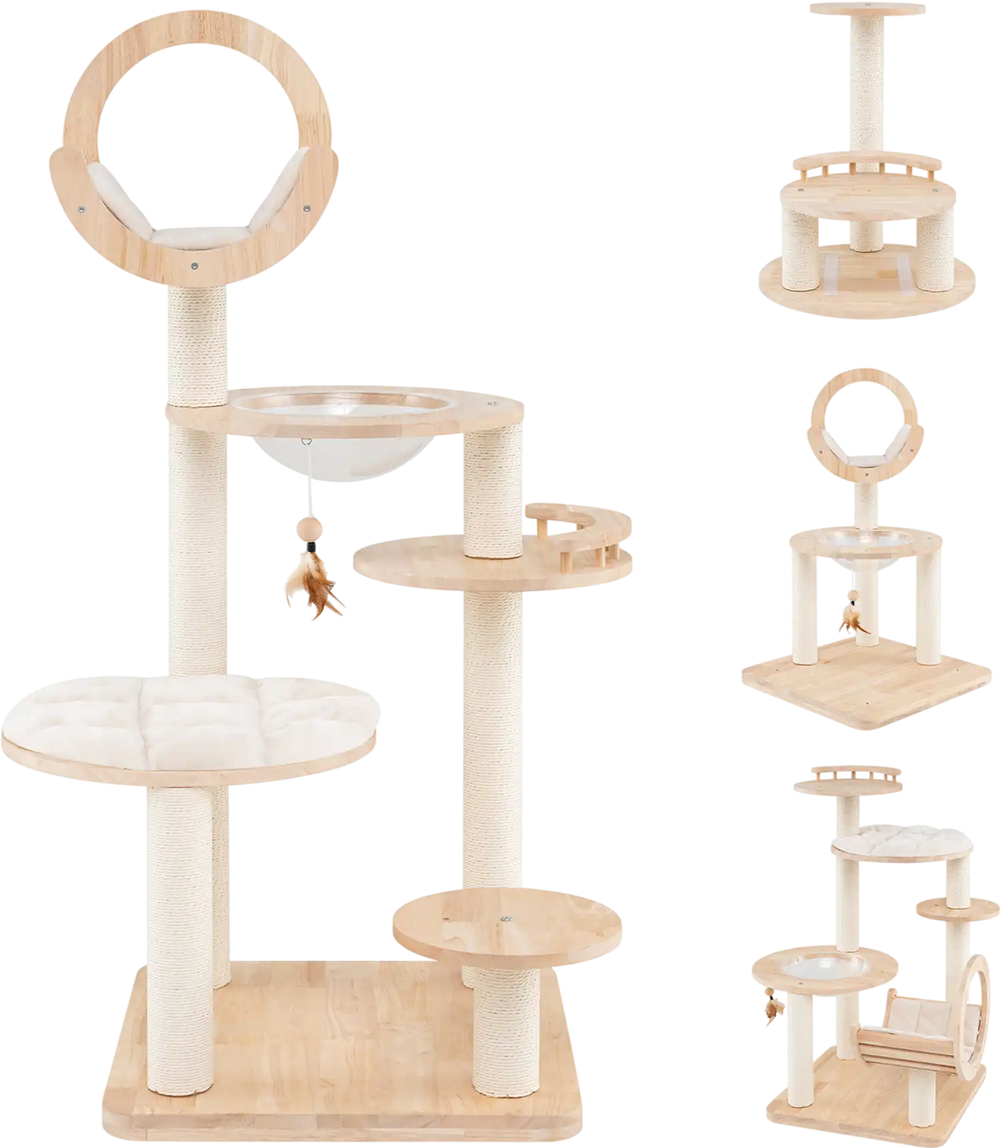 4-in-1 Large Wooden Cat Tower with Space Capsule Nest for Indoor Cats