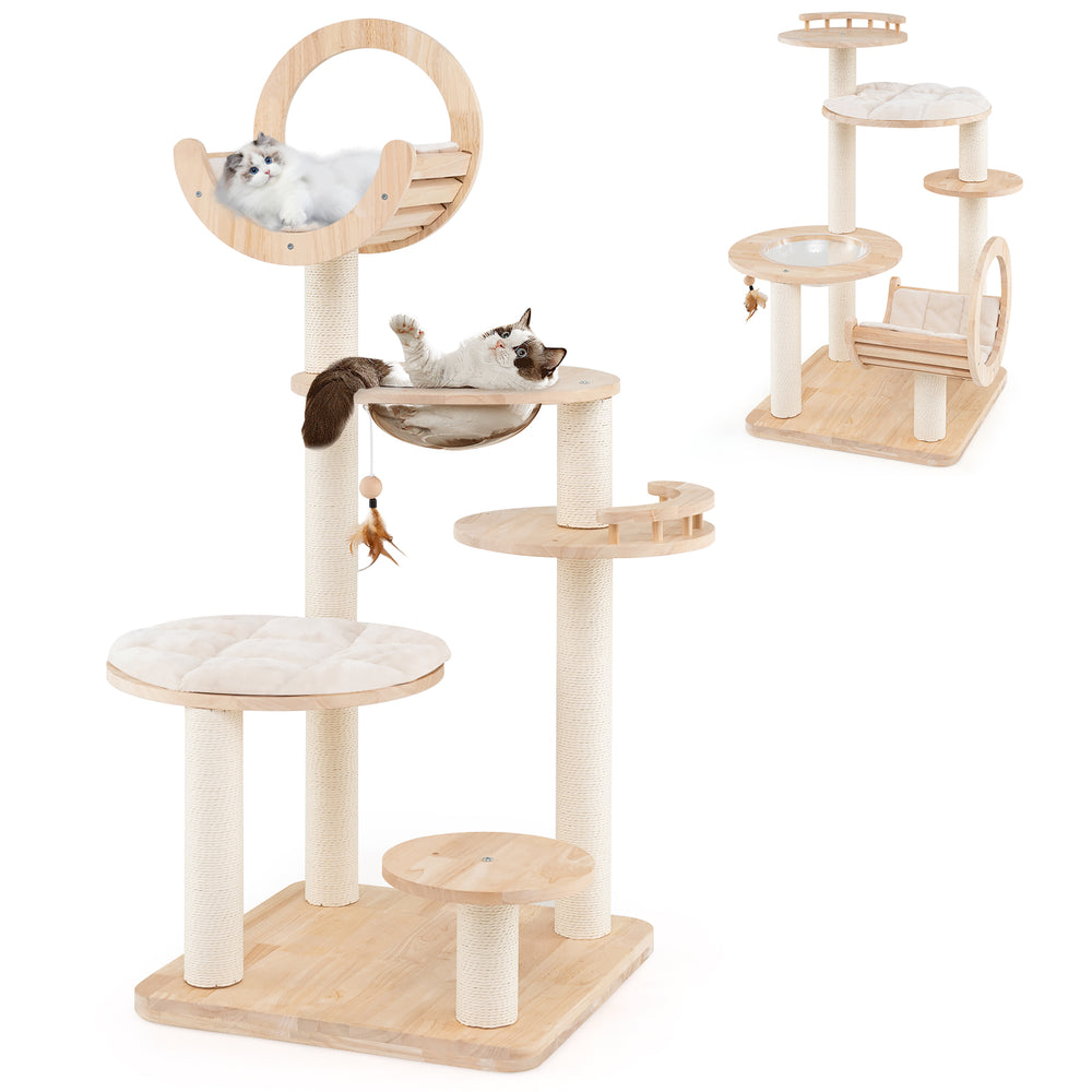 Large wooden cat tower featuring a space capsule nest, multiple platforms, and scratching posts for indoor cats.