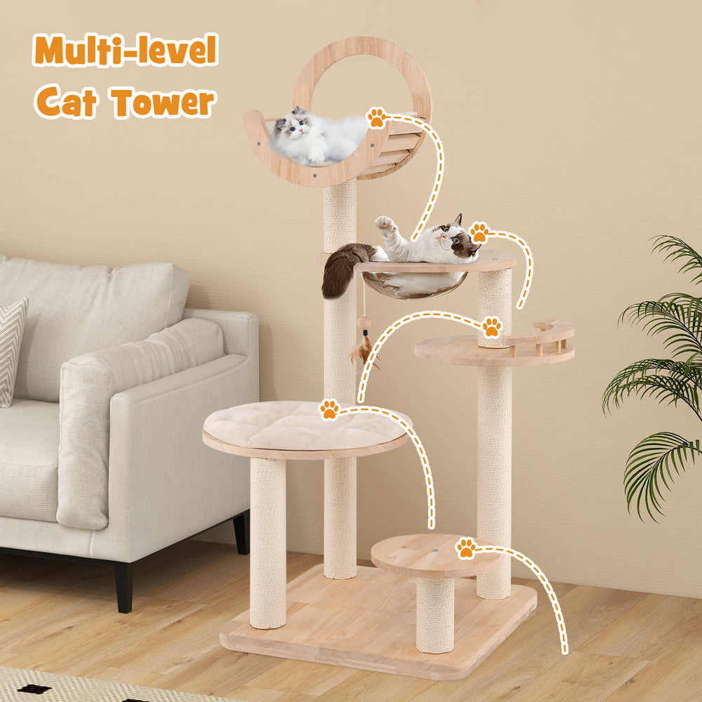 Multi-level wooden cat tower with space capsule nest, designed for up to 3 indoor cats, featuring sisal scratching.