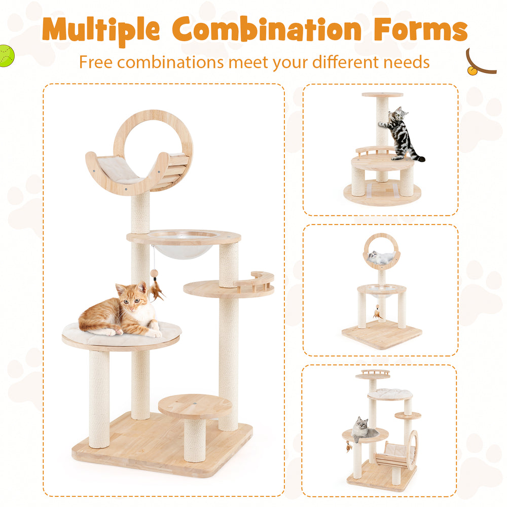 Multi-level 4-in-1 wooden cat tower with space capsule, sisal scratching posts, and removable mat for indoor cats.