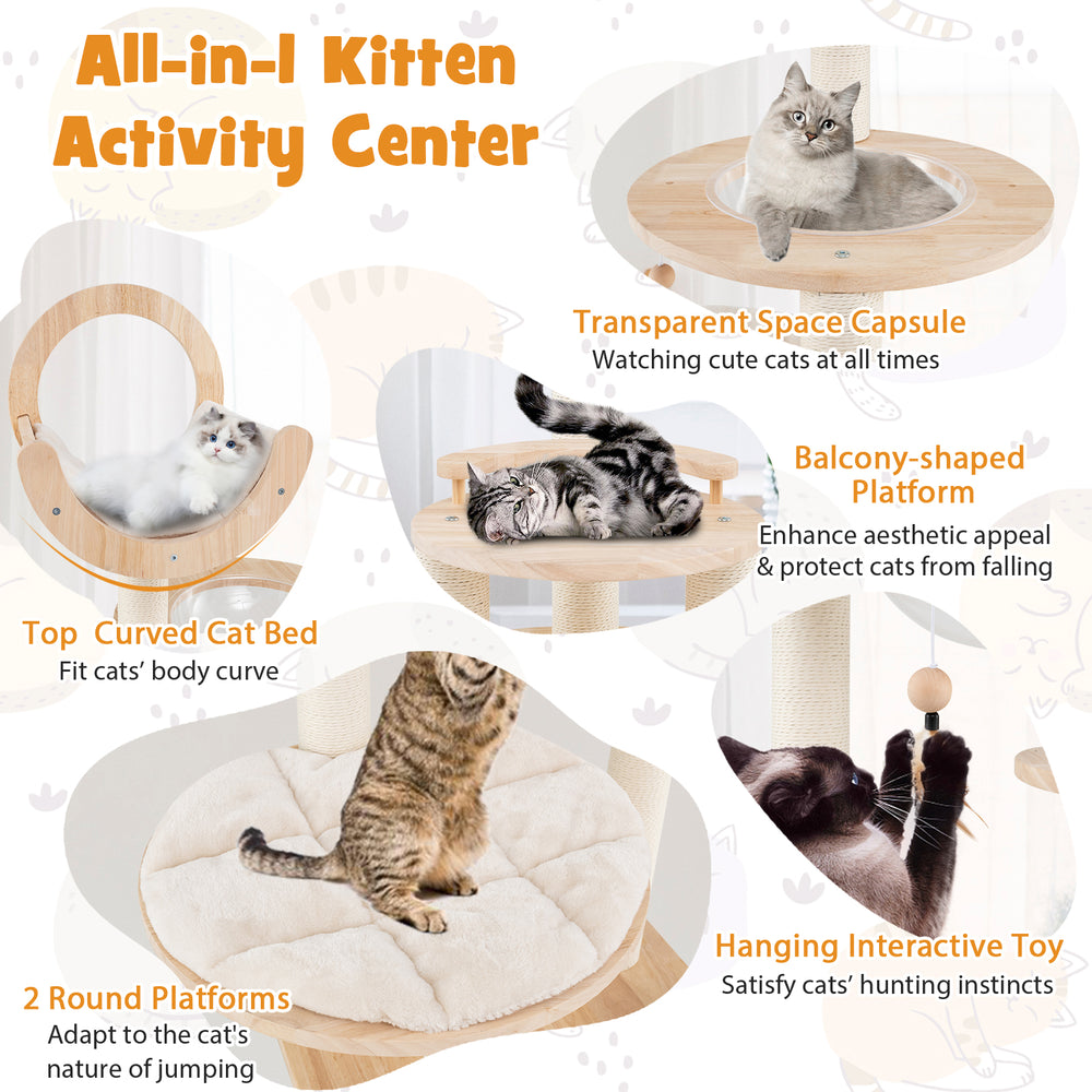 Large wooden cat tower featuring a transparent space capsule, top bed, and two round platforms for indoor cats.